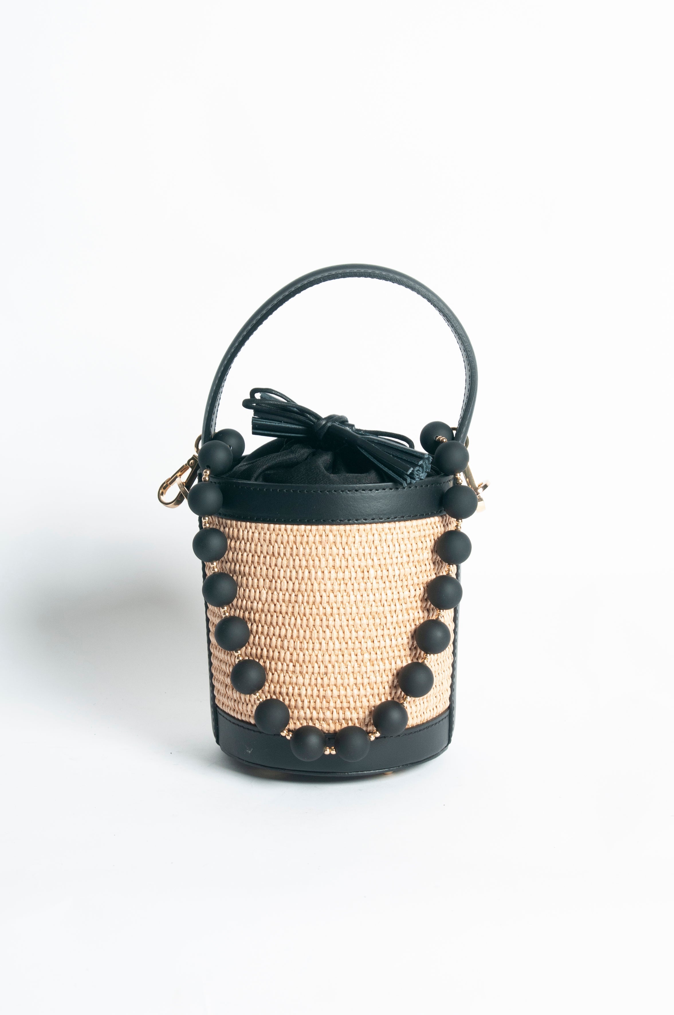 Draw String Raffia and Leather Bag