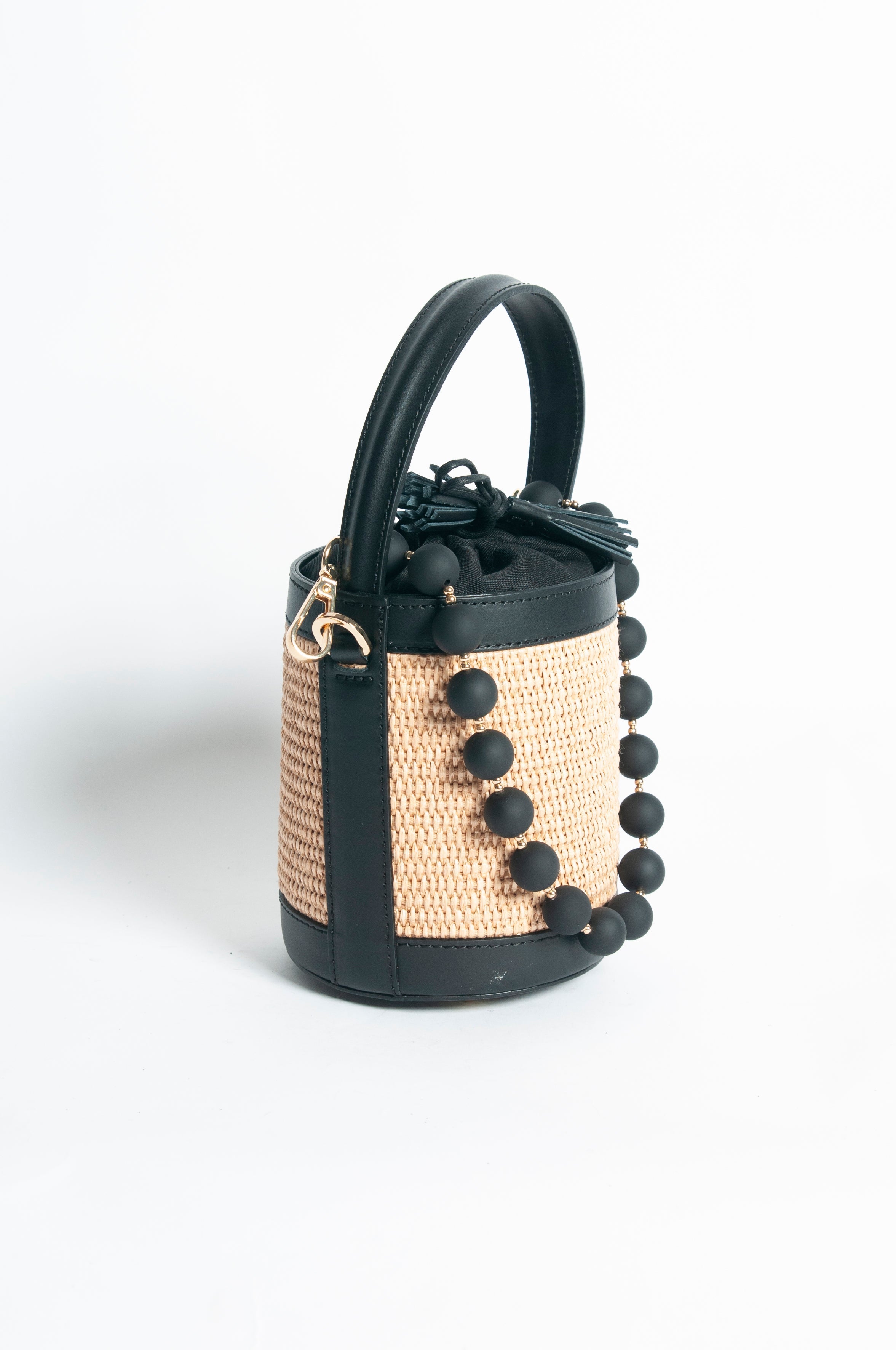 Draw String Raffia and Leather Bag