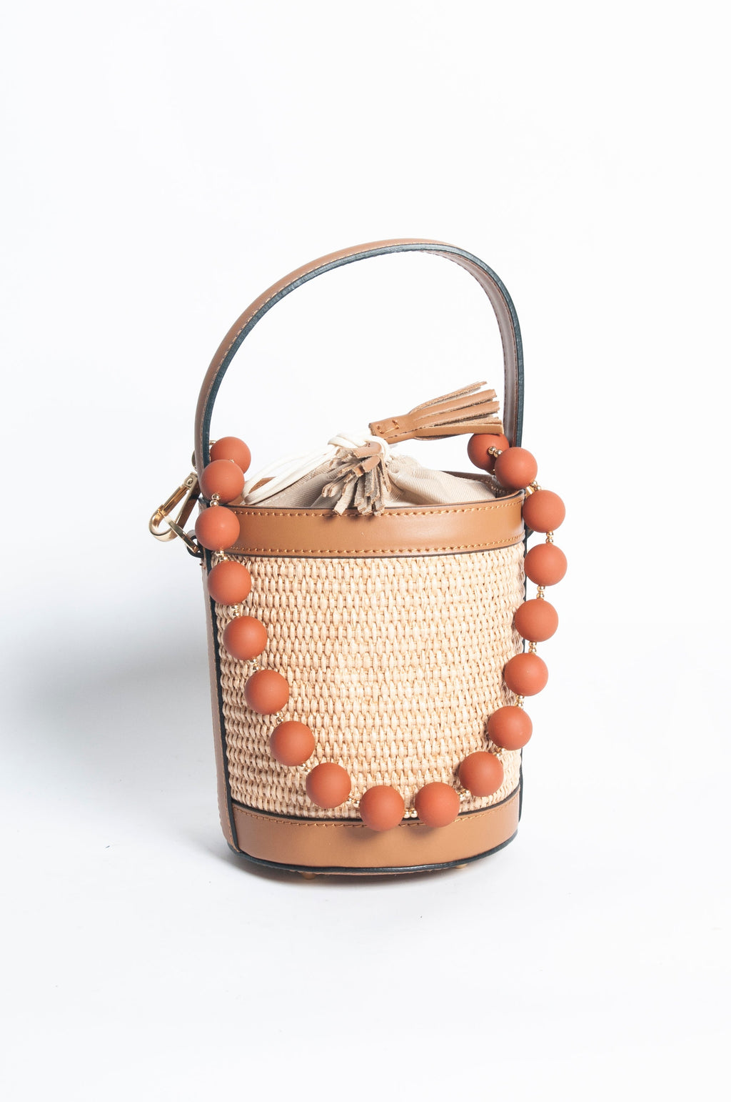 Draw String Raffia and Leather Bag