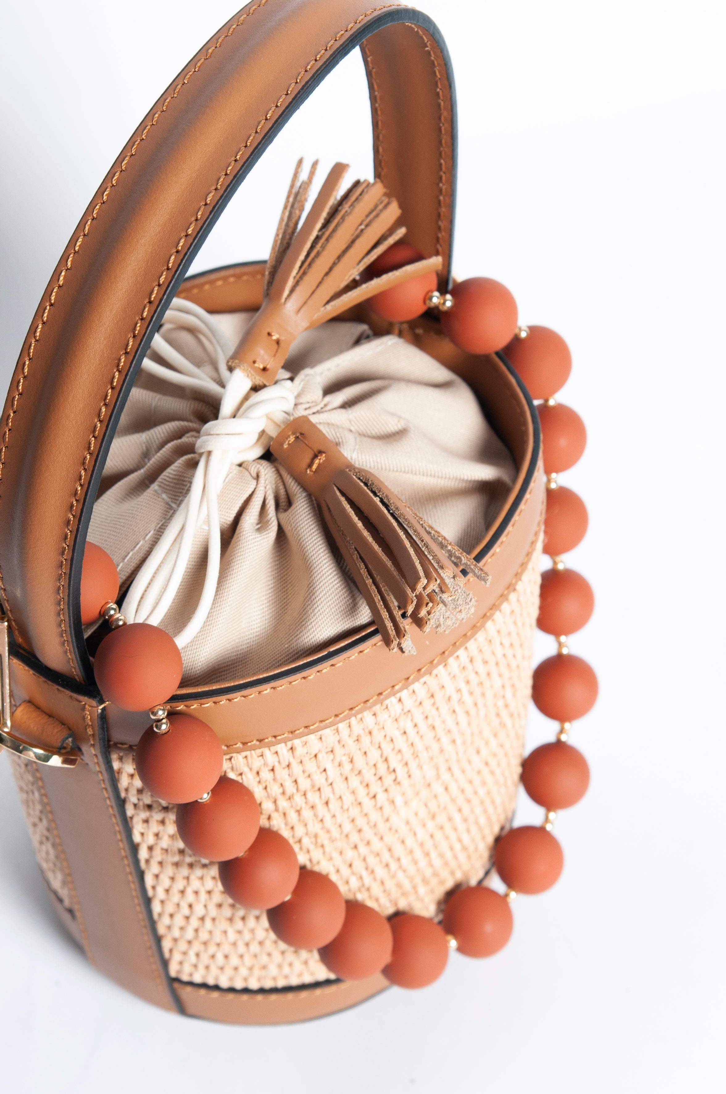 Draw String Raffia and Leather Bag