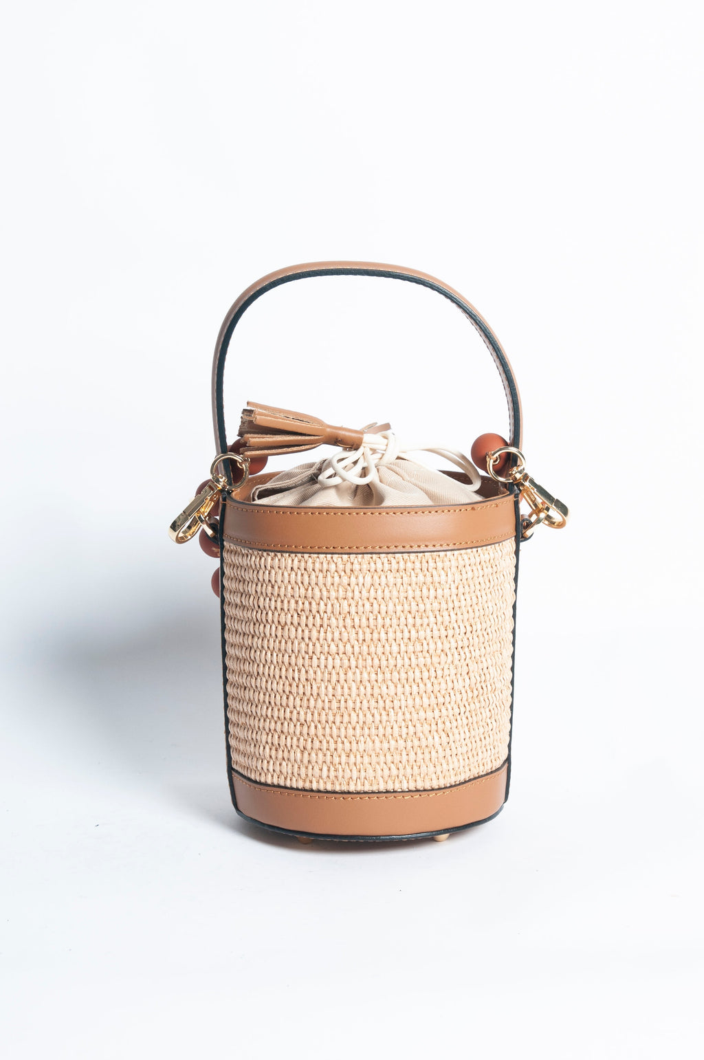 Draw String Raffia and Leather Bag