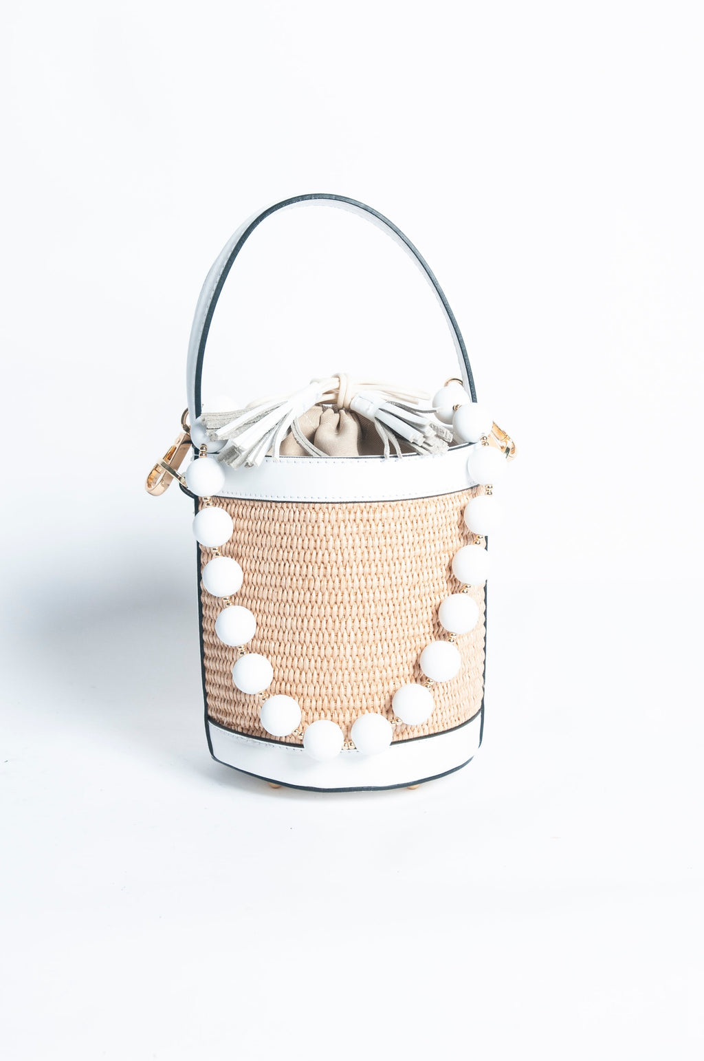 Draw String Raffia and Leather Bag