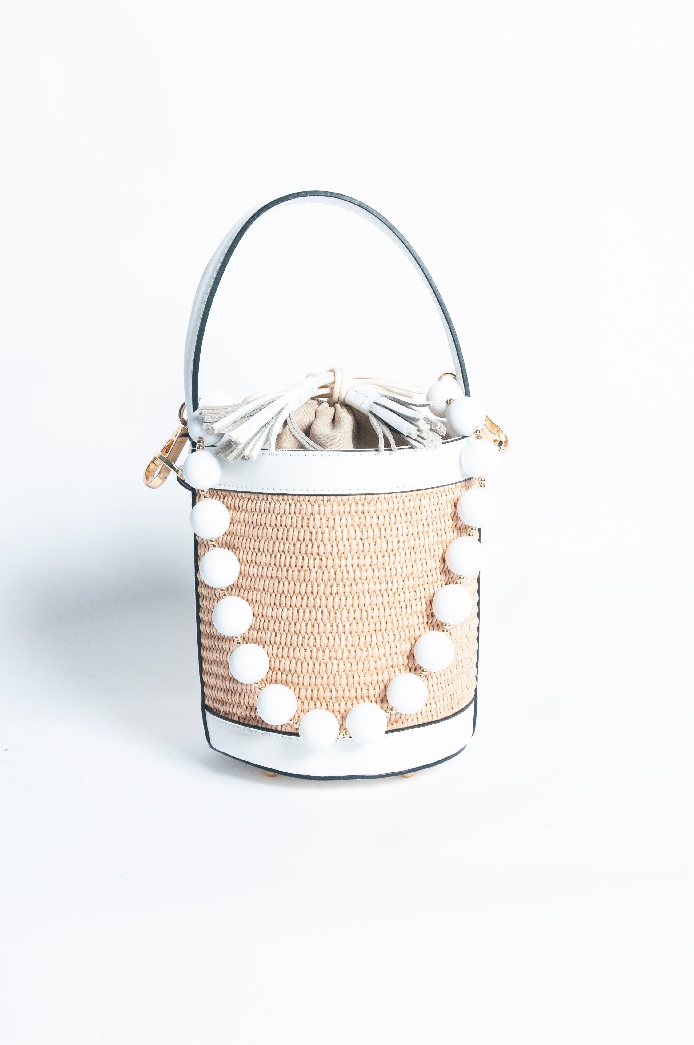Draw String Raffia and Leather Bag