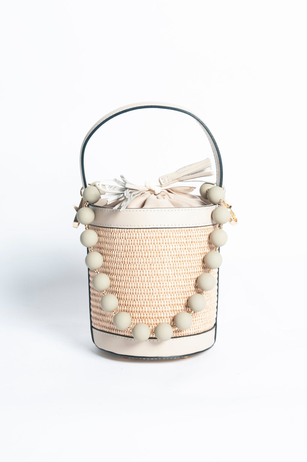 Draw String Raffia and Leather Bag