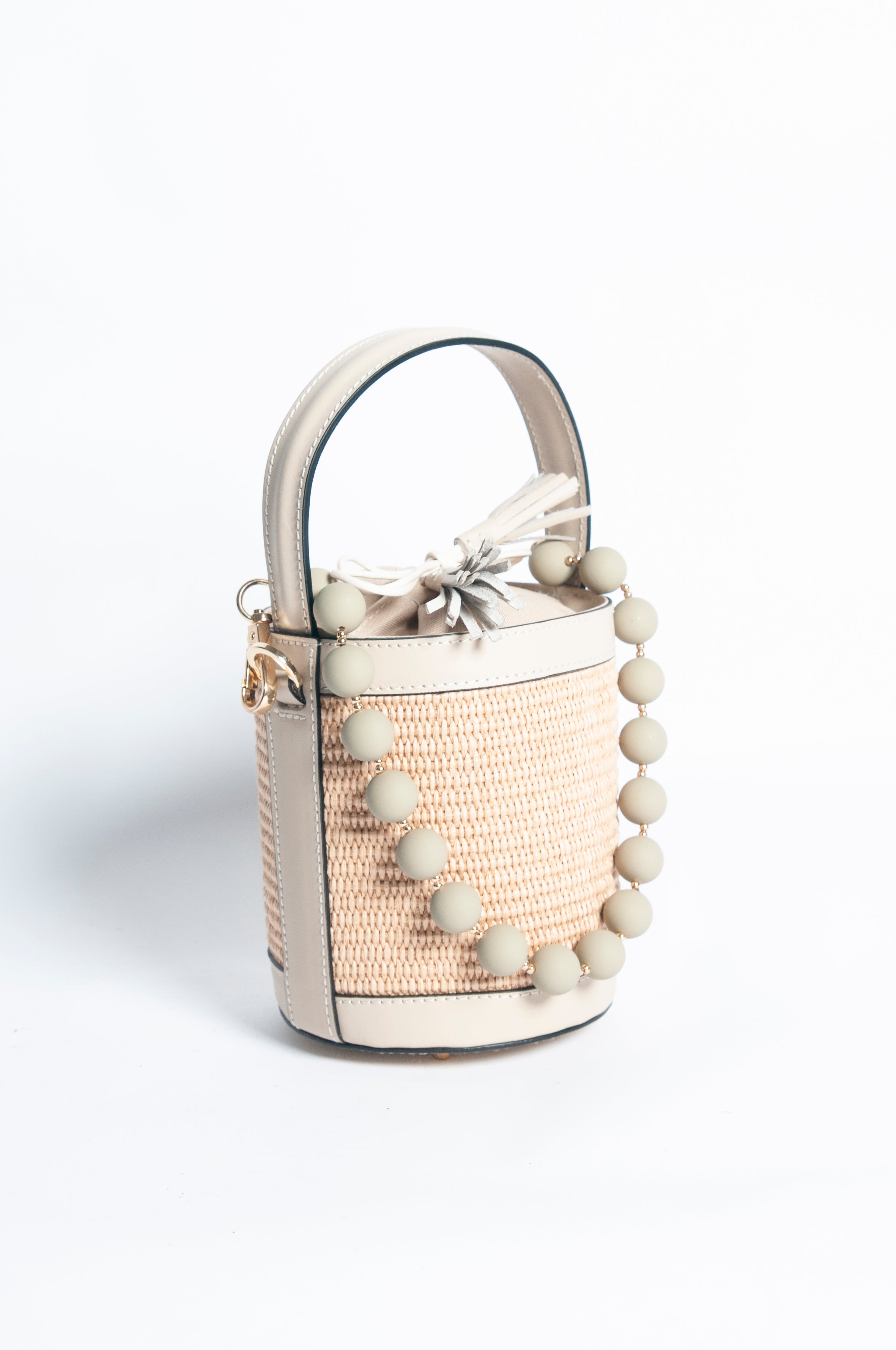 Draw String Raffia and Leather Bag